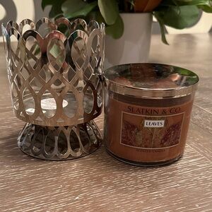Bath & Body Works Slatkin co 3 wick candle “Leaves” and silver Candle Holder